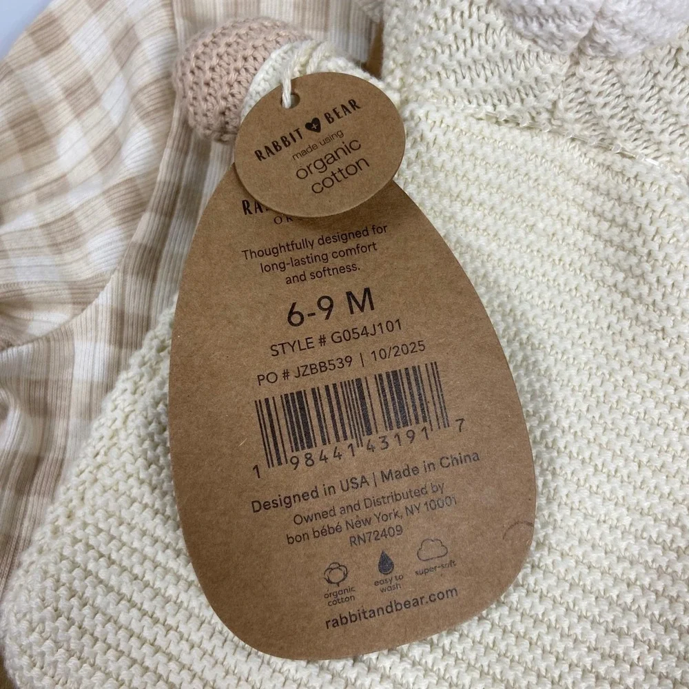 Rabbit + Bear Kids 6-9M Beige Gingham Organic Cotton Sleeper‎ & Lovey NEW